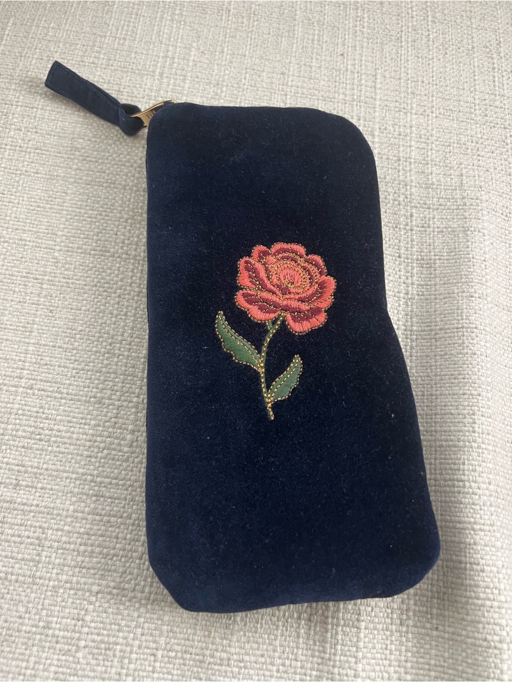 Elizabeth Scarlett Navy Velvet Pouch with Embroidered Rose for glasses.